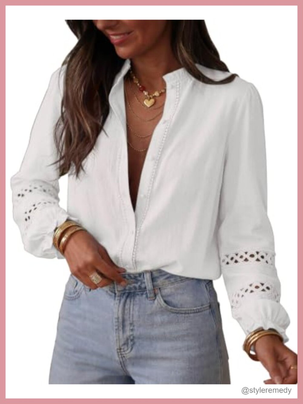 KIRUNDO Eyelet Boho Long Sleeve Button Up Shirt for Women